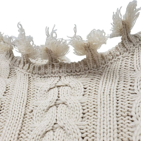 Le Lis Cream Cable Knit Cropped Sweater Fringe Distressed Frayed Tan Neutral - Picture 7 of 9